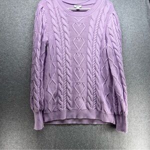 crown & ivy Lavender Cable Heart-Panel Crewneck Sweater